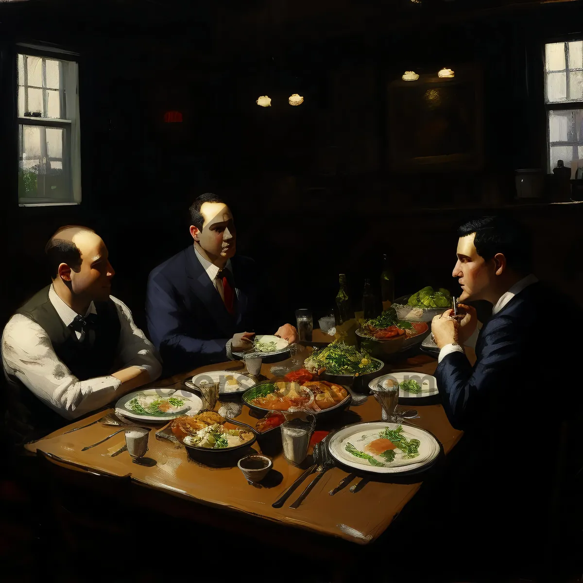 Picture of Happy couple dining in restaurant with wine