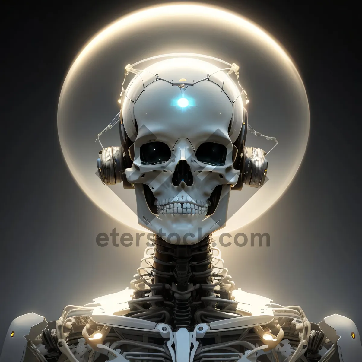 Picture of Skeletal automaton in death pose, horror 3D concept