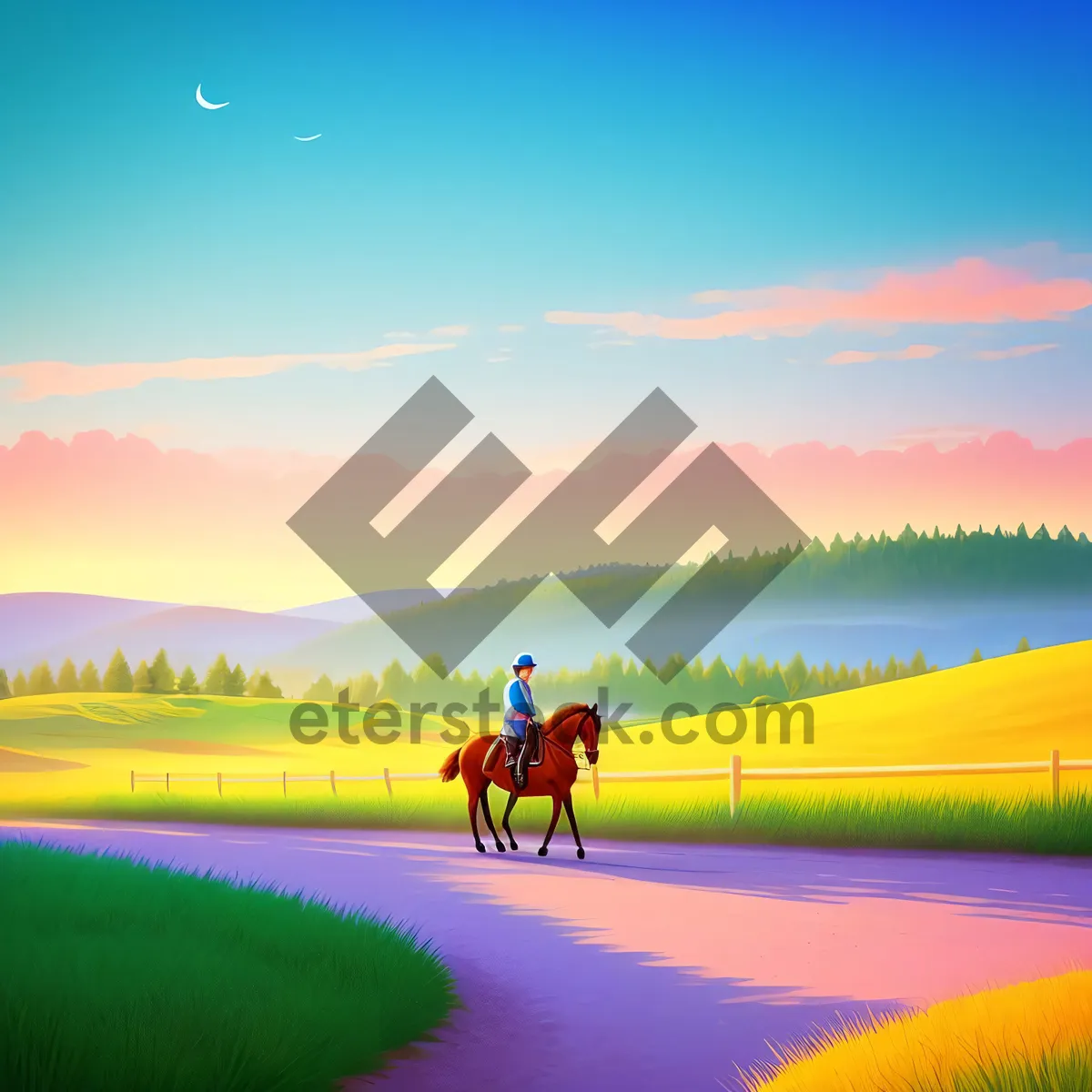 Picture of Serenity at Sunset: A panoramic rural landscape bathed in golden sunlight.