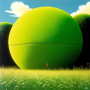 Colorful Balloon Soaring Over Lush Green Fields