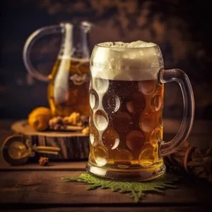 Golden beer mug with frosty bubbles and foam.