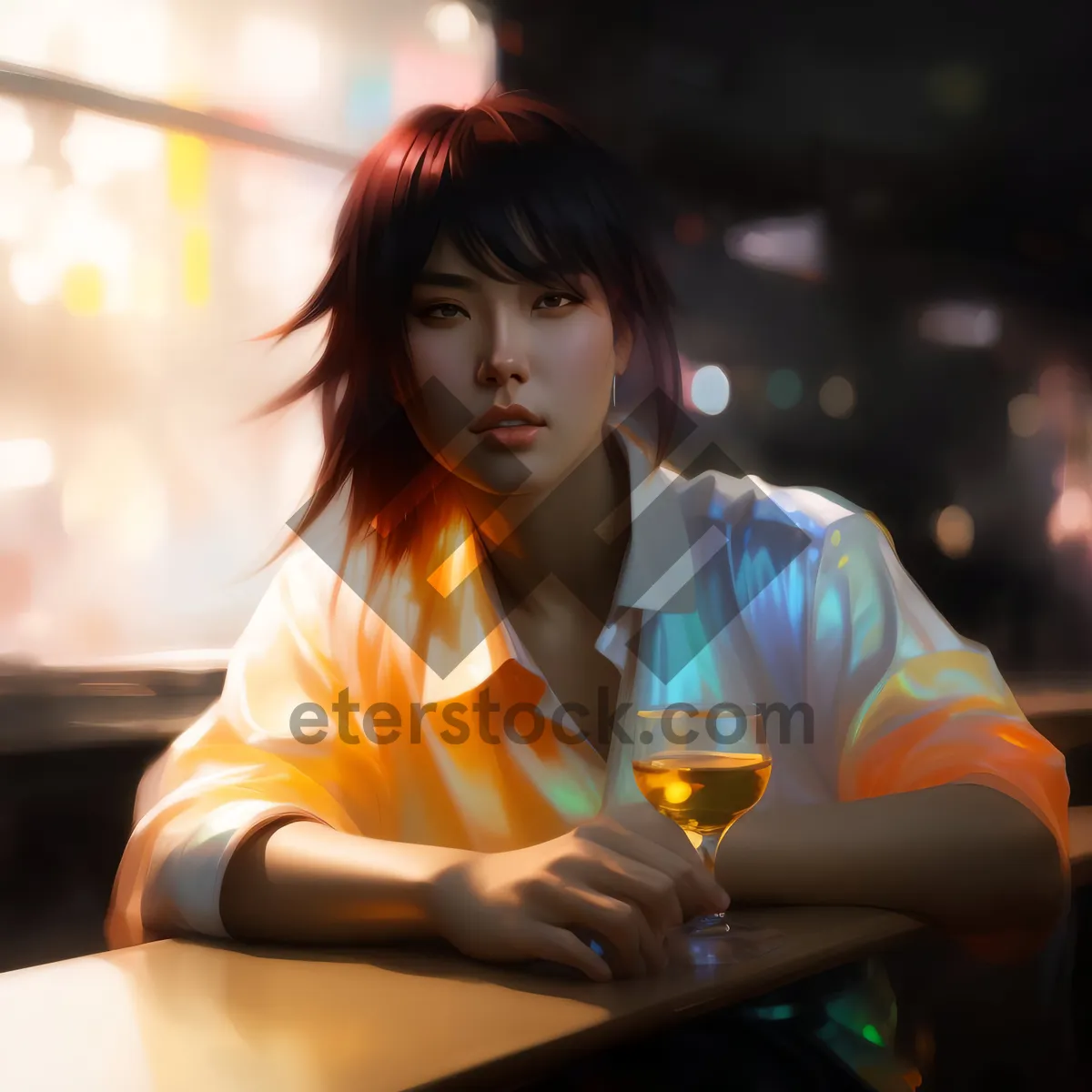 Picture of Attractive brunette student sitting indoors, smiling happily