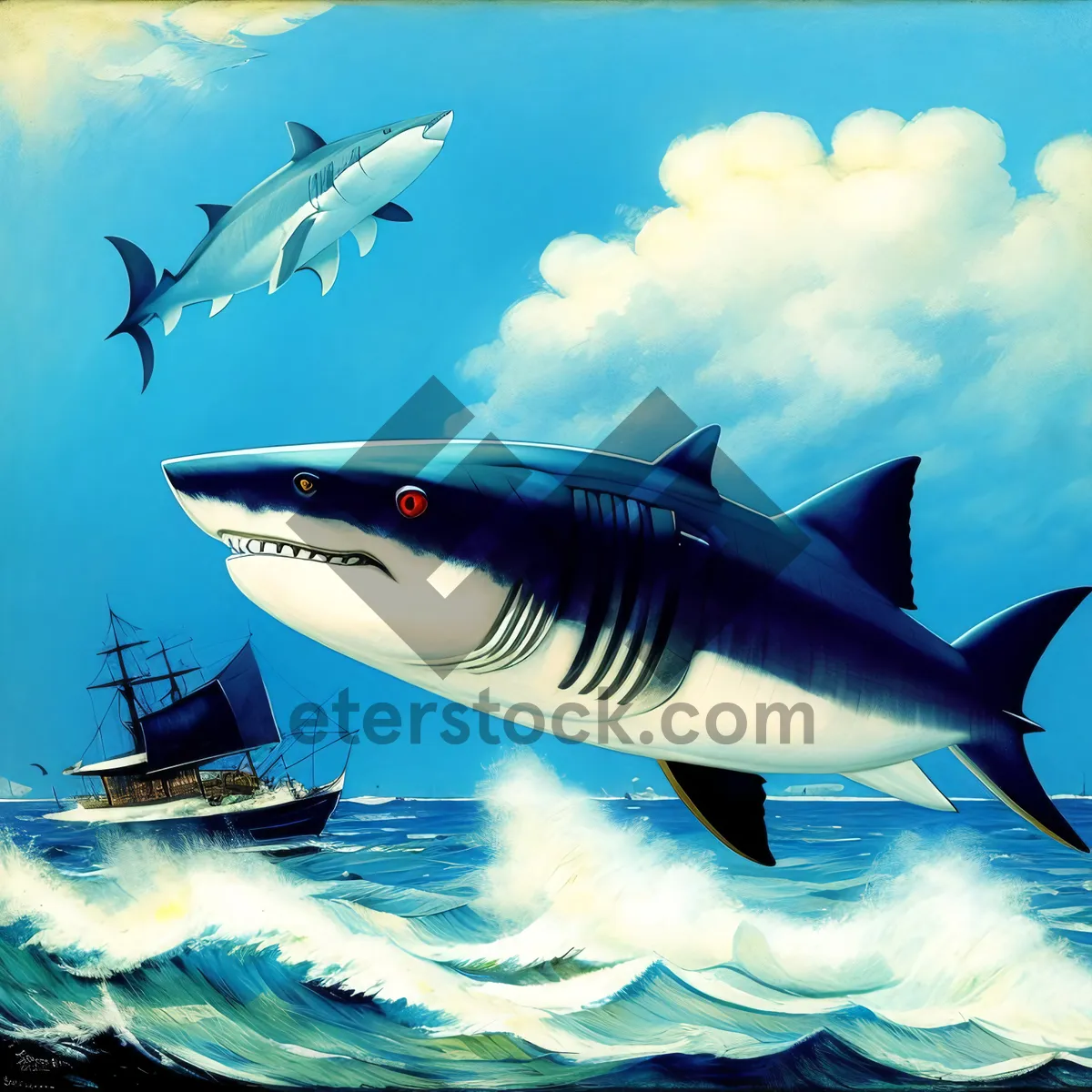 Picture of Tropical Underwater Scene with Shark and Tuna.