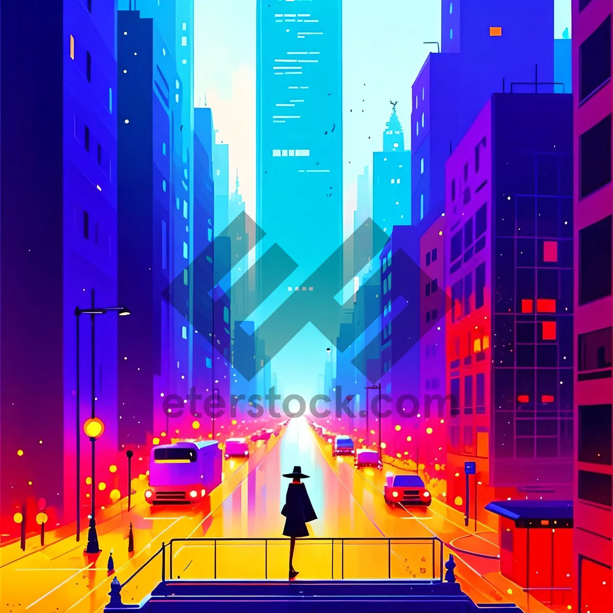 Picture of Modern Urban Office Cityscape with Glowing Lights