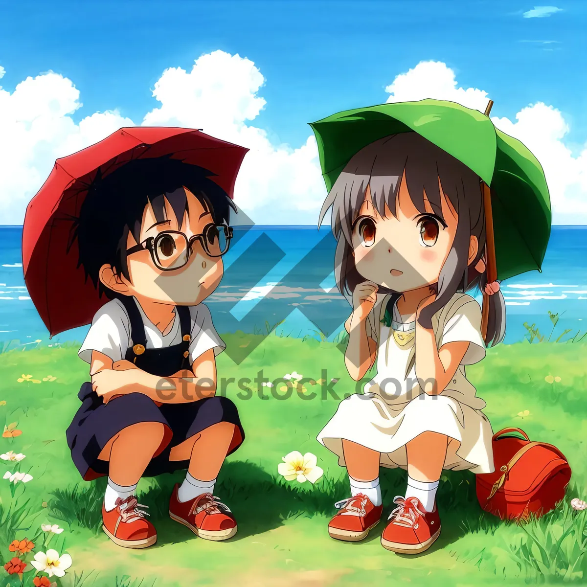 Picture of Cheerful Boy with Umbrella and Friend