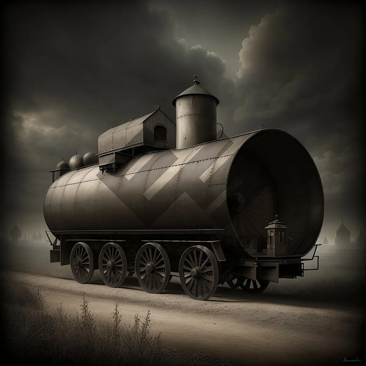 Picture of Vintage steam locomotive chugging through industrial landscape.