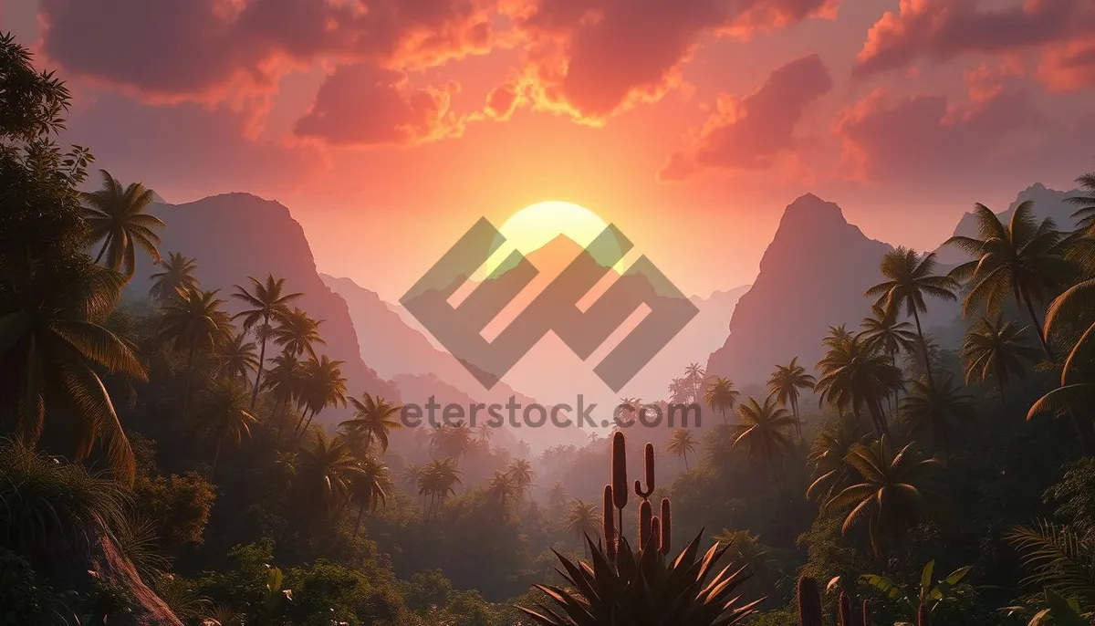 Picture of Tropical sunset beach silhouette palm tree scenic view.