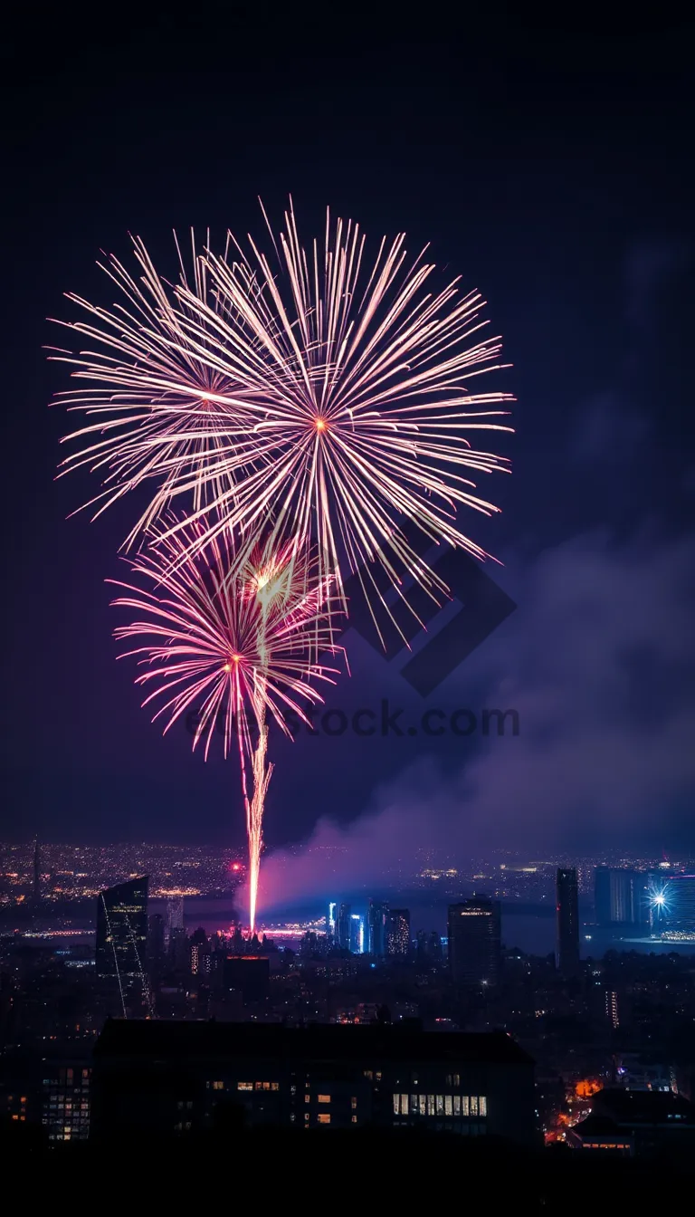 Picture of Colorful Fireworks Burst in Night Sky Celebration