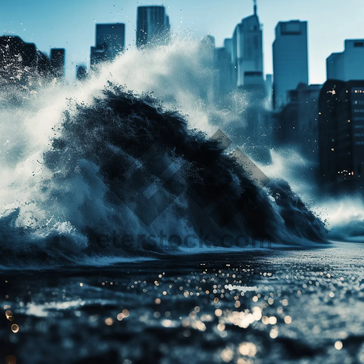 Picture of Cityscape skyline with waves and fountain by the sea