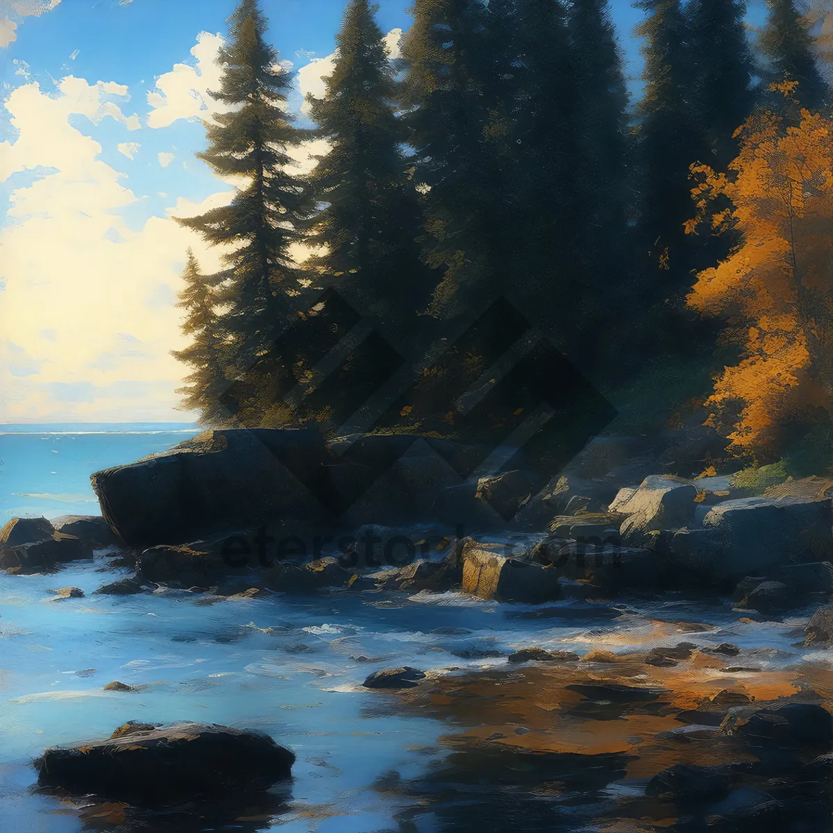 Picture of Summer sunset by the beach with rocky coastline.