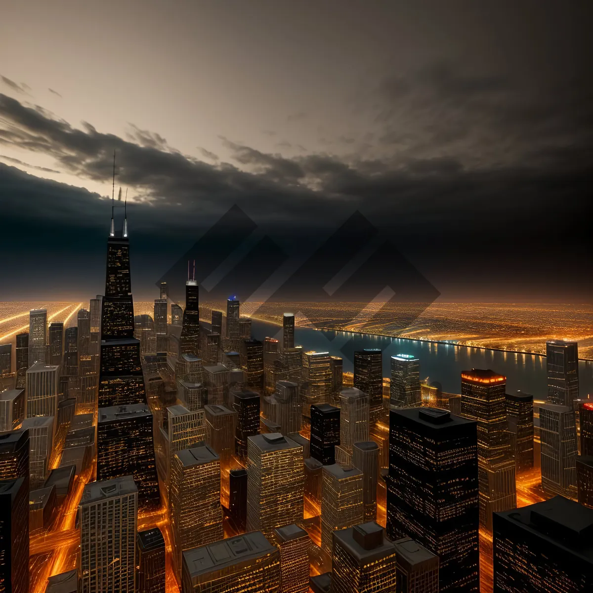 Picture of Urban Skyline at Night with Vibrant Skyscrapers