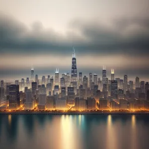 Nighttime City Skyline Reflection over River
