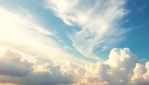 Sunny sky with fluffy clouds in spring atmosphere.