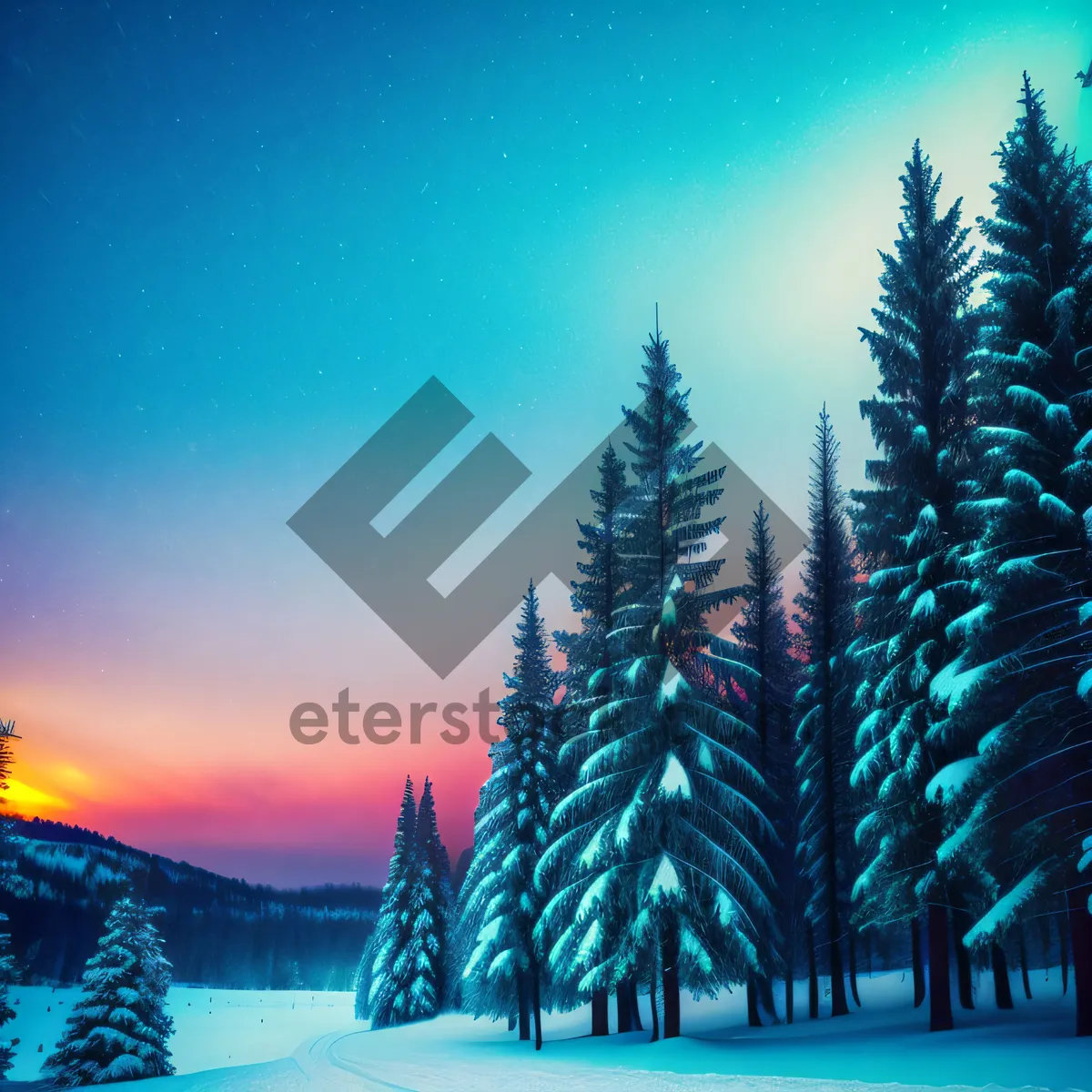 Picture of Winter Wonderland: Majestic Evergreens in Snowy Mountain Landscape