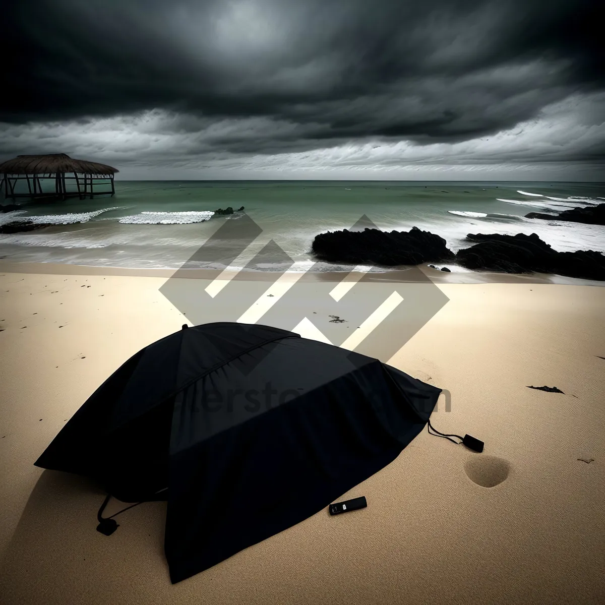Picture of Beach Bliss: Tranquil Ocean Sunset with Umbrella