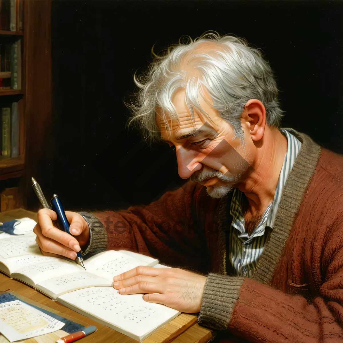 Picture of Smiling man in office solving crossword puzzle