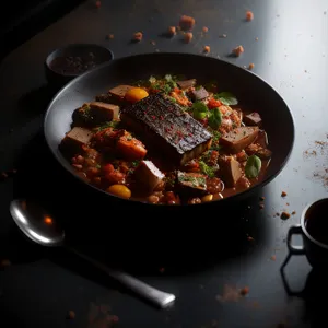 Delicious grilled meat and vegetable wok dish