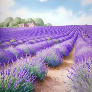 Colorful Lavender Field with Peacock Feather Pattern