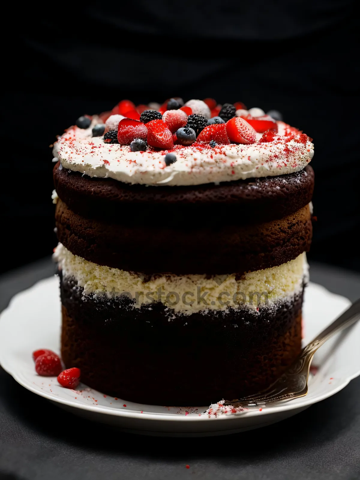 Picture of Delicious Berry Cake with Chocolate Sauce and Fresh Mint