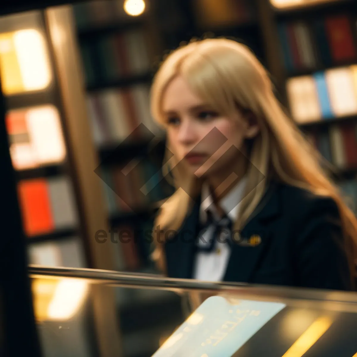 Picture of Portrait of smiling young businesswoman working at office counter.