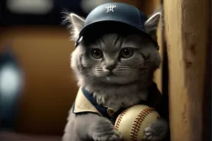 Baseball glove on leather background with cat