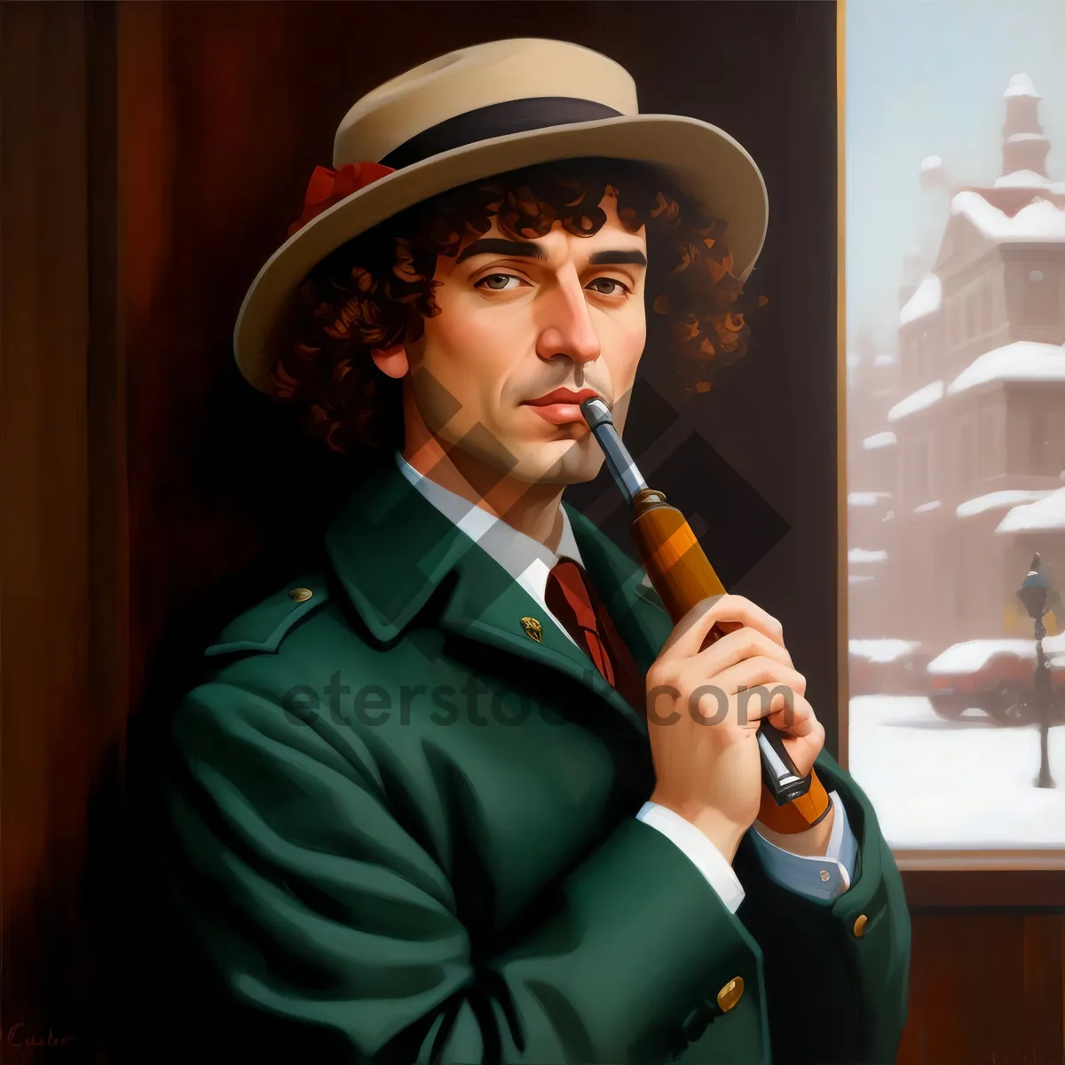 Picture of Smiling businessman playing kazoo portrait model.