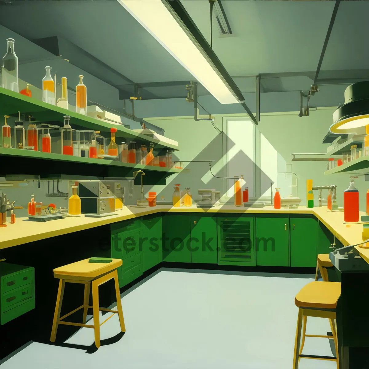 Picture of Modern kitchen interior with sleek furniture and lighting.