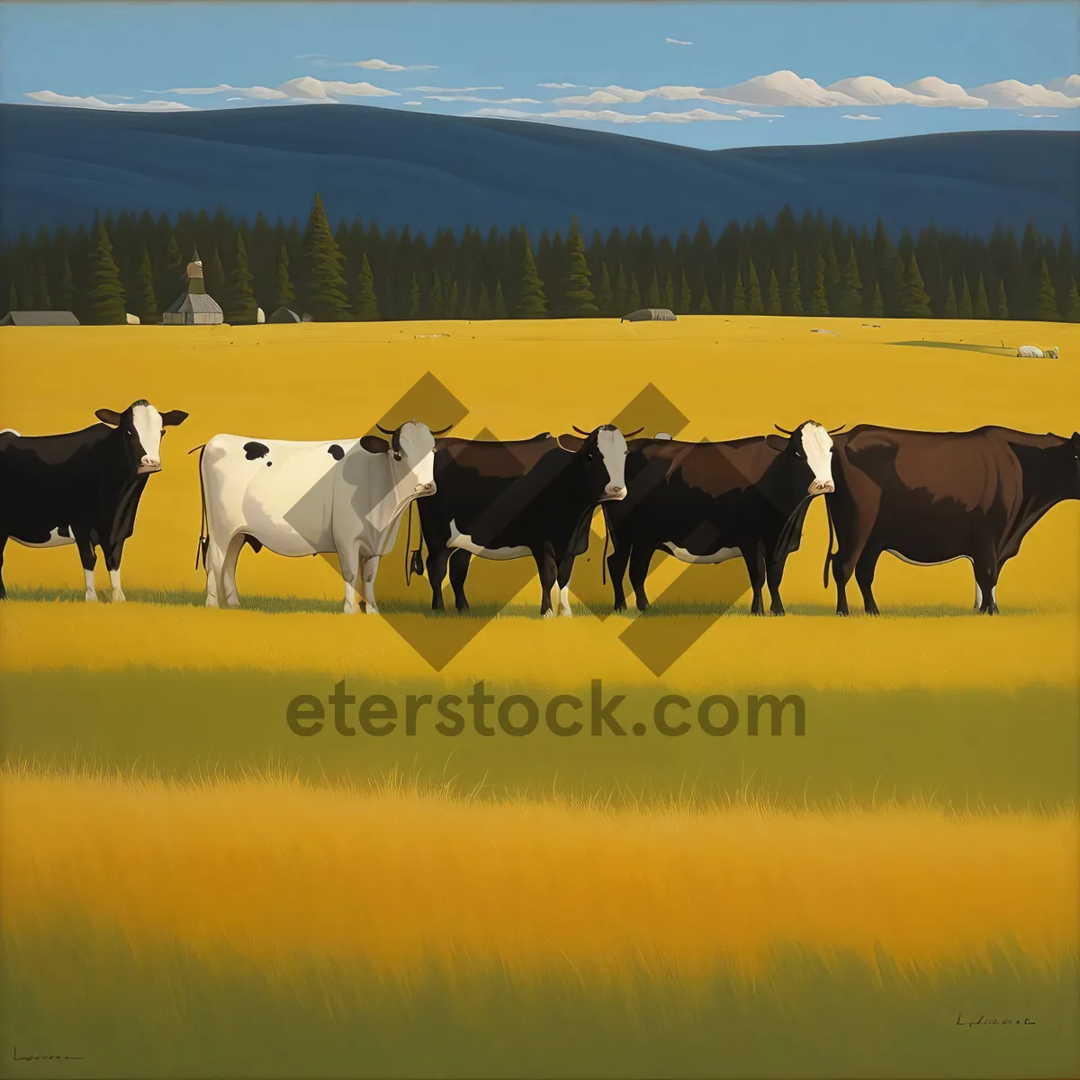 Picture of Serene rural landscape with grazing cattle on a meadow