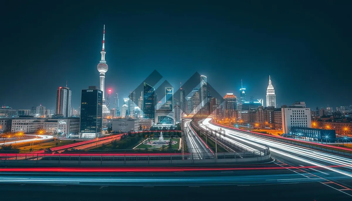 Picture of Modern city skyline at night with river reflection