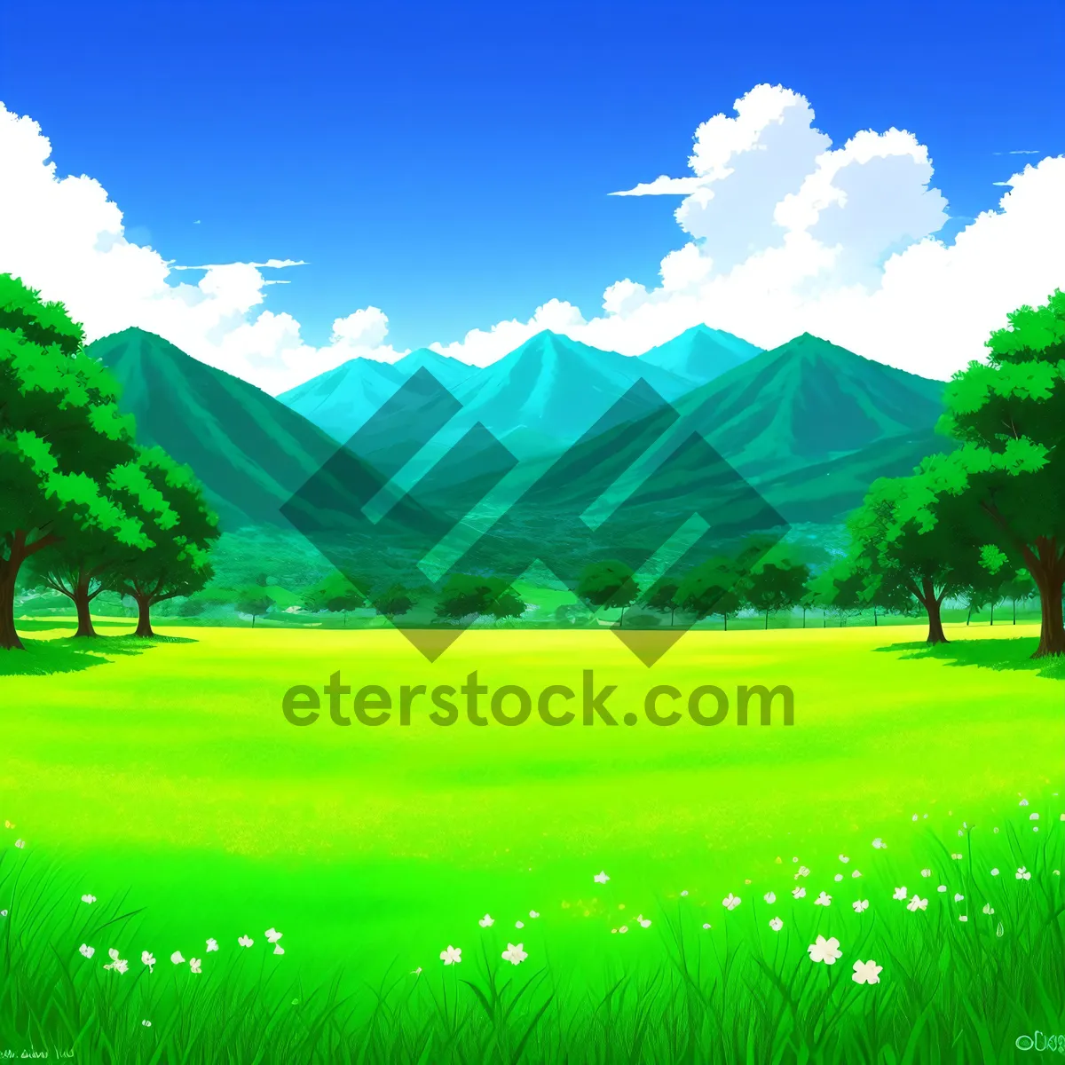 Picture of Idyllic Countryside Meadow Under Colorful Sunny Sky.