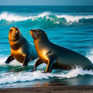 Playful Sea Lion Splashing in Ocean Waves