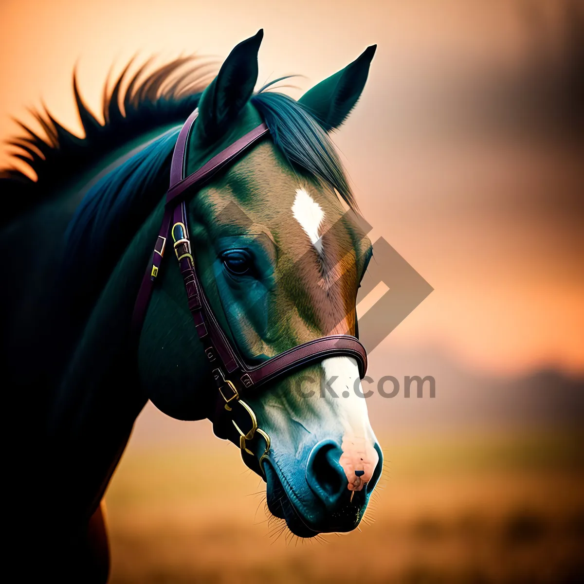 Picture of Brown Thoroughbred Stallion with Bridle in Field