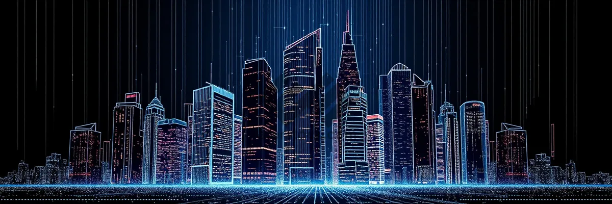 Picture of Modern city skyline at night with skyscrapers and glass buildings.