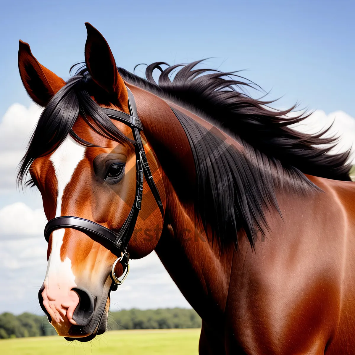 Picture of Regal Brown Stallion Grazing in Meadow