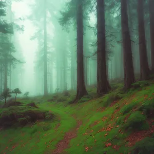 Serene Fall Foliage: A Misty Morning Path Through Sunlit Woods