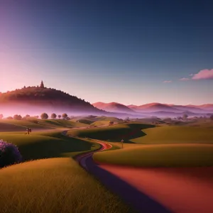 Desert horizon at sunset with golden dunes