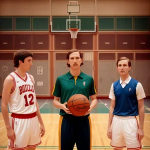 Happy male basketball player with equipment and team