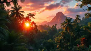 Orange sunset over mountain silhouette with trees