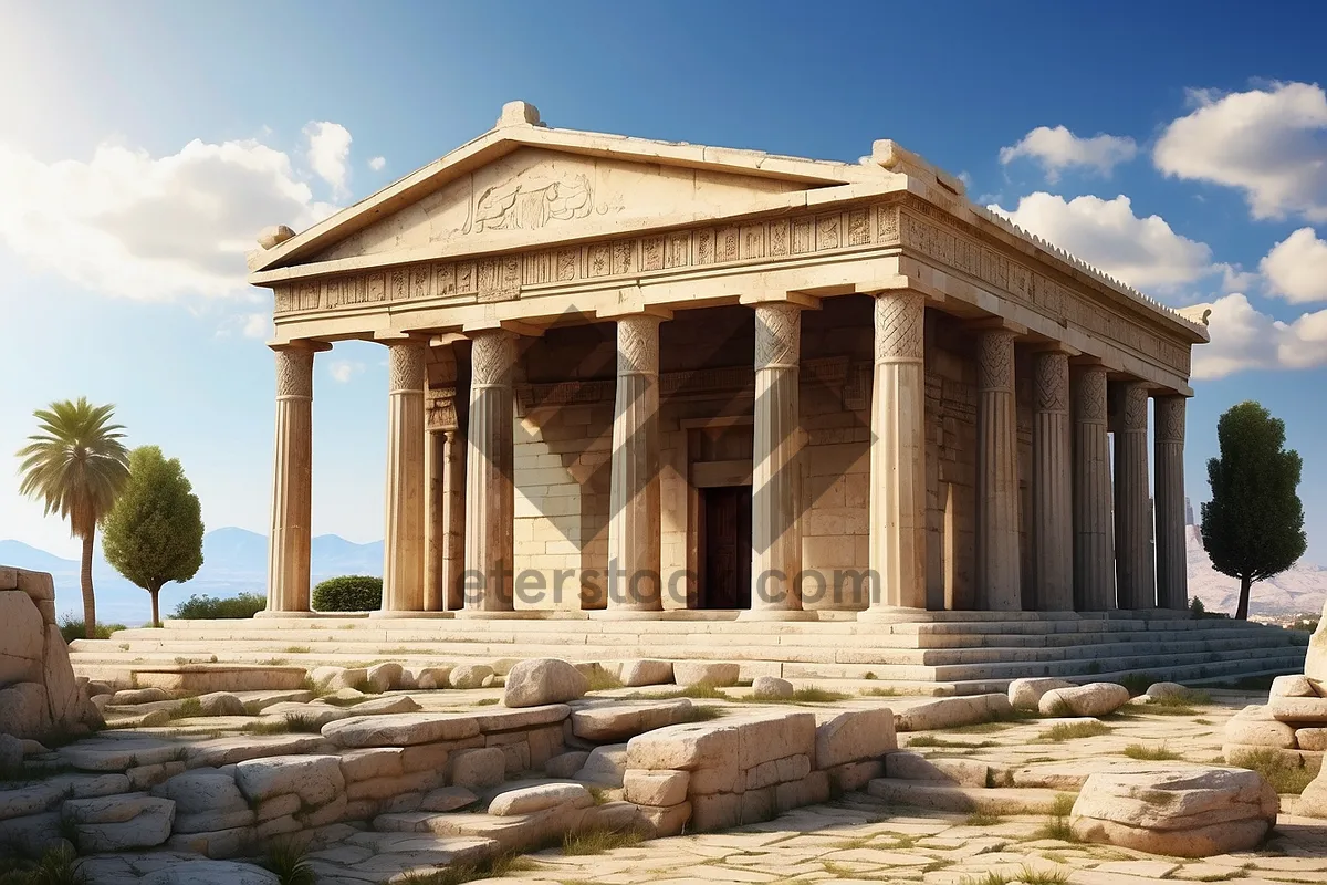 Picture of Ancient Temple with Stone Columns and Sky Background