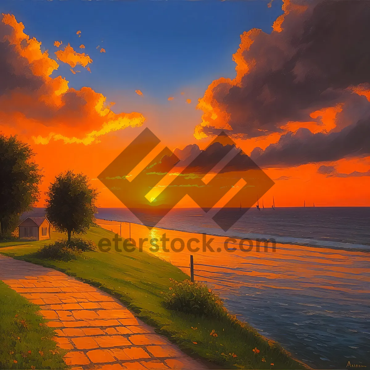 Picture of Orange Sunset Reflection on Beach Shoreline Silhouette