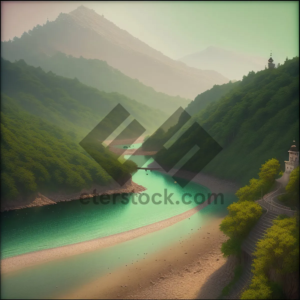 Picture of Serene Mountain River Amidst Lush Forest