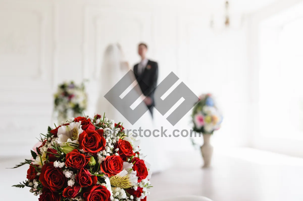 Picture of Happy newlywed couple at wedding ceremony with flower bouquet