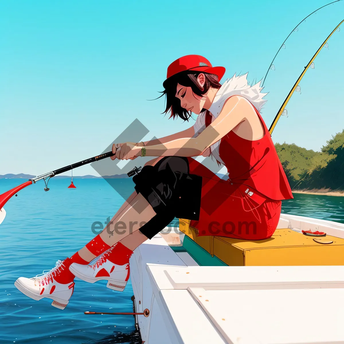 Picture of Fisherman enjoying summer breeze, boat hook in hand.