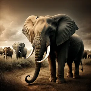 Majestic tusker leading a wild elephant herd in a national park.