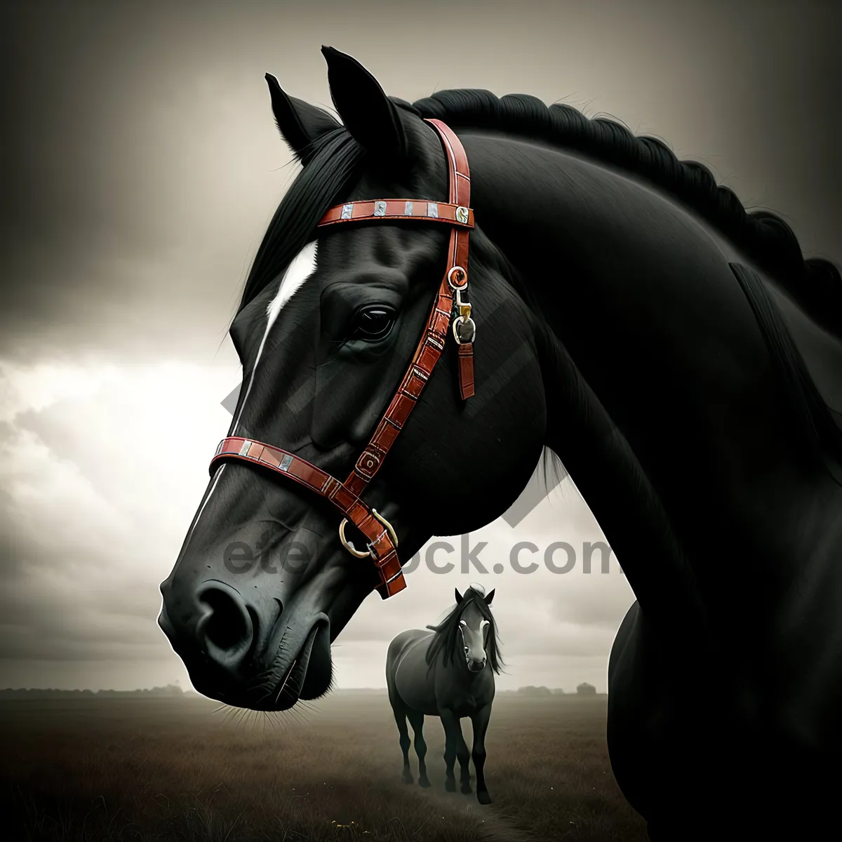 Picture of Stallion wearing brown horse bridle and harness.