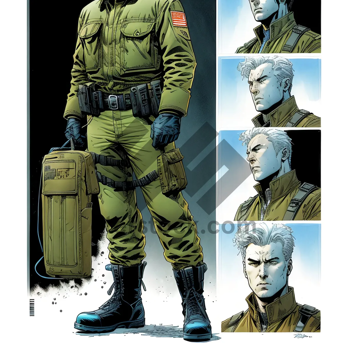 Picture of Male soldier in camouflage military uniform in comic book style