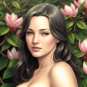 Beautiful brunette with pink tulip - healthy and radiant