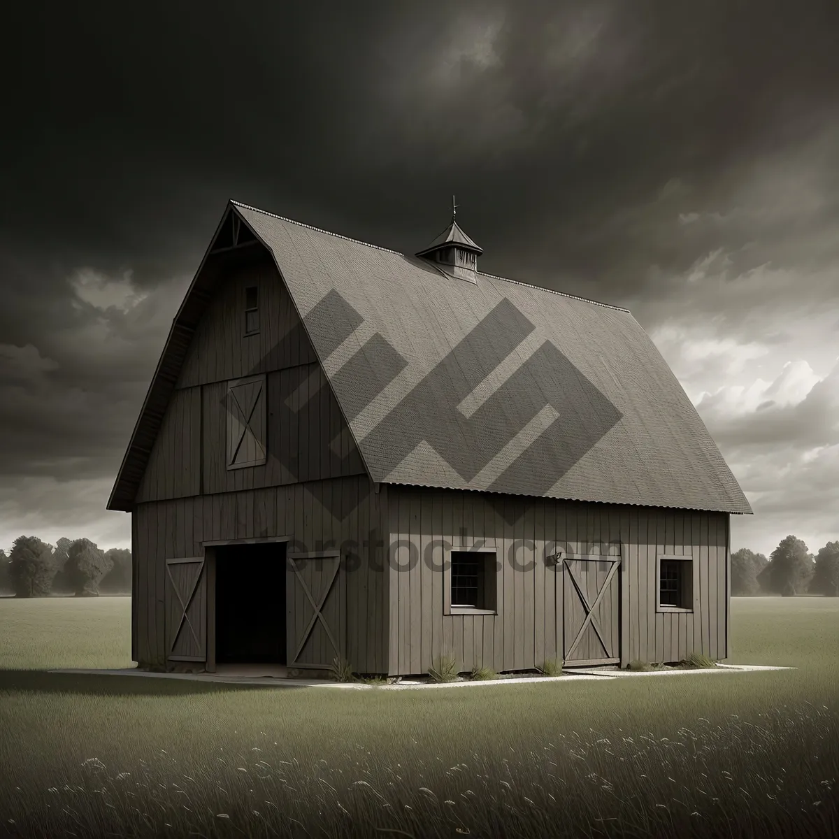 Picture of Scenic Old Wooden Farm Hut Against Rural Skyline