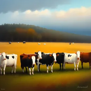 Rural Meadow Landscape with Grazing Cows