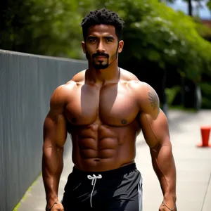 Muscular man in swimsuit posing for portrait